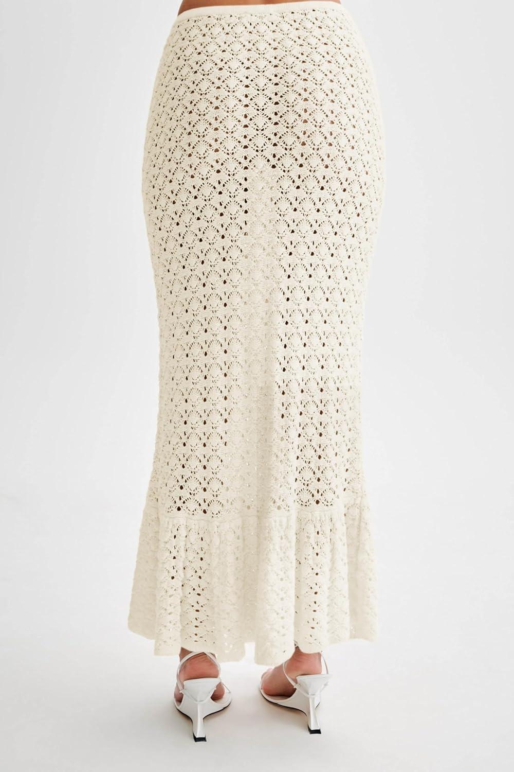 image:imageSaodimallsu Womens Crochet Cover Up Skirt High Waisted Sheer Knit Summer Swimsuit Coverup Beach Fishtail Maxi SkirtsBeige