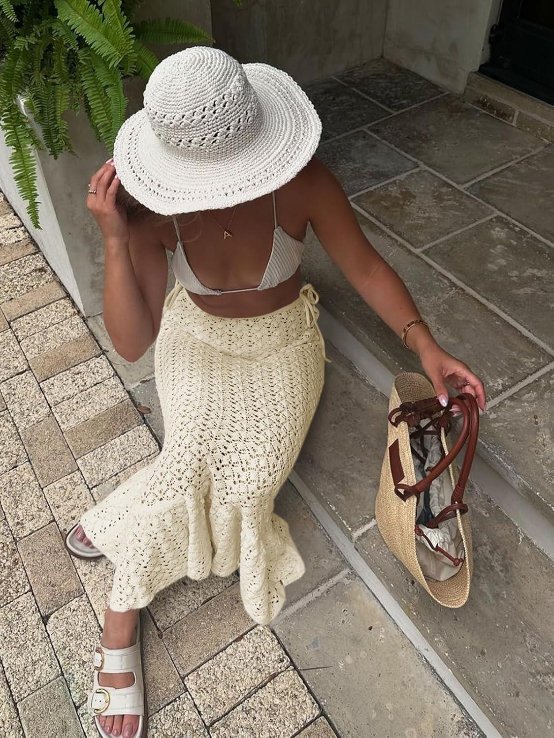 image:imageSaodimallsu Womens Crochet Cover Up Skirt High Waisted Sheer Knit Summer Swimsuit Coverup Beach Fishtail Maxi SkirtsBeige