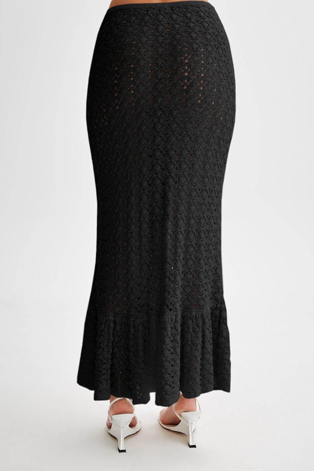 image:imageSaodimallsu Womens Crochet Cover Up Skirt High Waisted Sheer Knit Summer Swimsuit Coverup Beach Fishtail Maxi SkirtsBlack