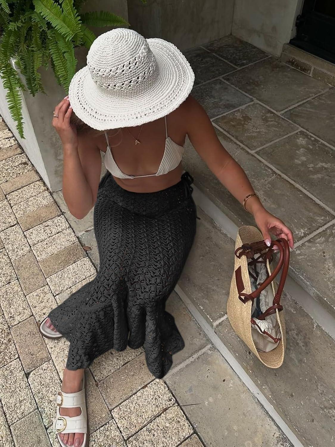 image:imageSaodimallsu Womens Crochet Cover Up Skirt High Waisted Sheer Knit Summer Swimsuit Coverup Beach Fishtail Maxi SkirtsBlack