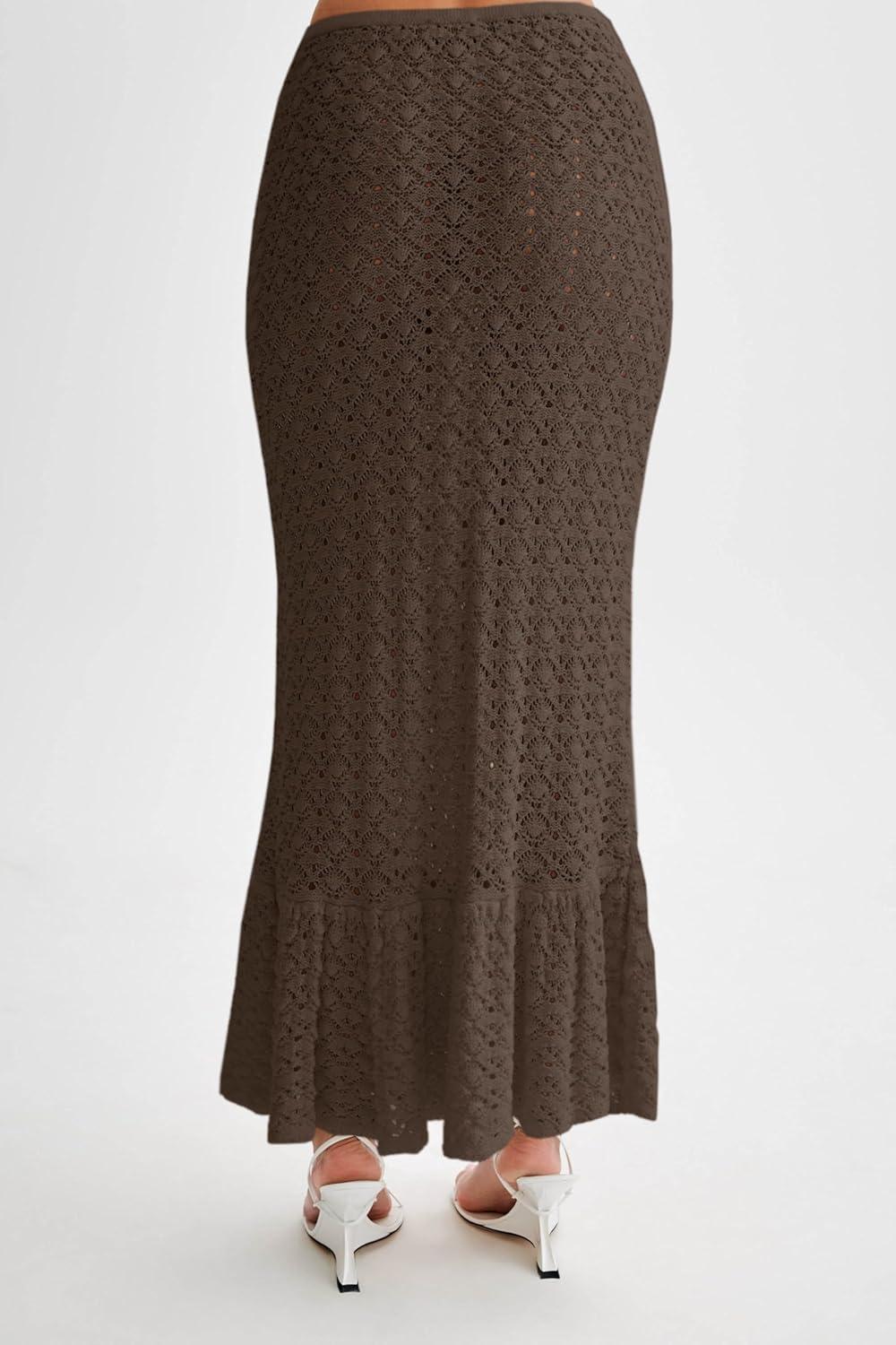 image:imageSaodimallsu Womens Crochet Cover Up Skirt High Waisted Sheer Knit Summer Swimsuit Coverup Beach Fishtail Maxi SkirtsCoffee