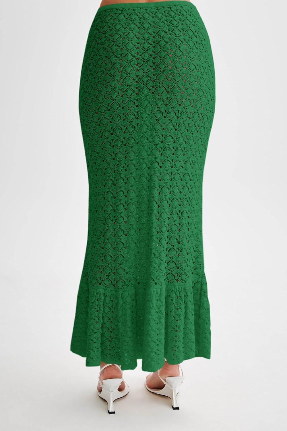 image:imageSaodimallsu Womens Crochet Cover Up Skirt High Waisted Sheer Knit Summer Swimsuit Coverup Beach Fishtail Maxi SkirtsDark Green