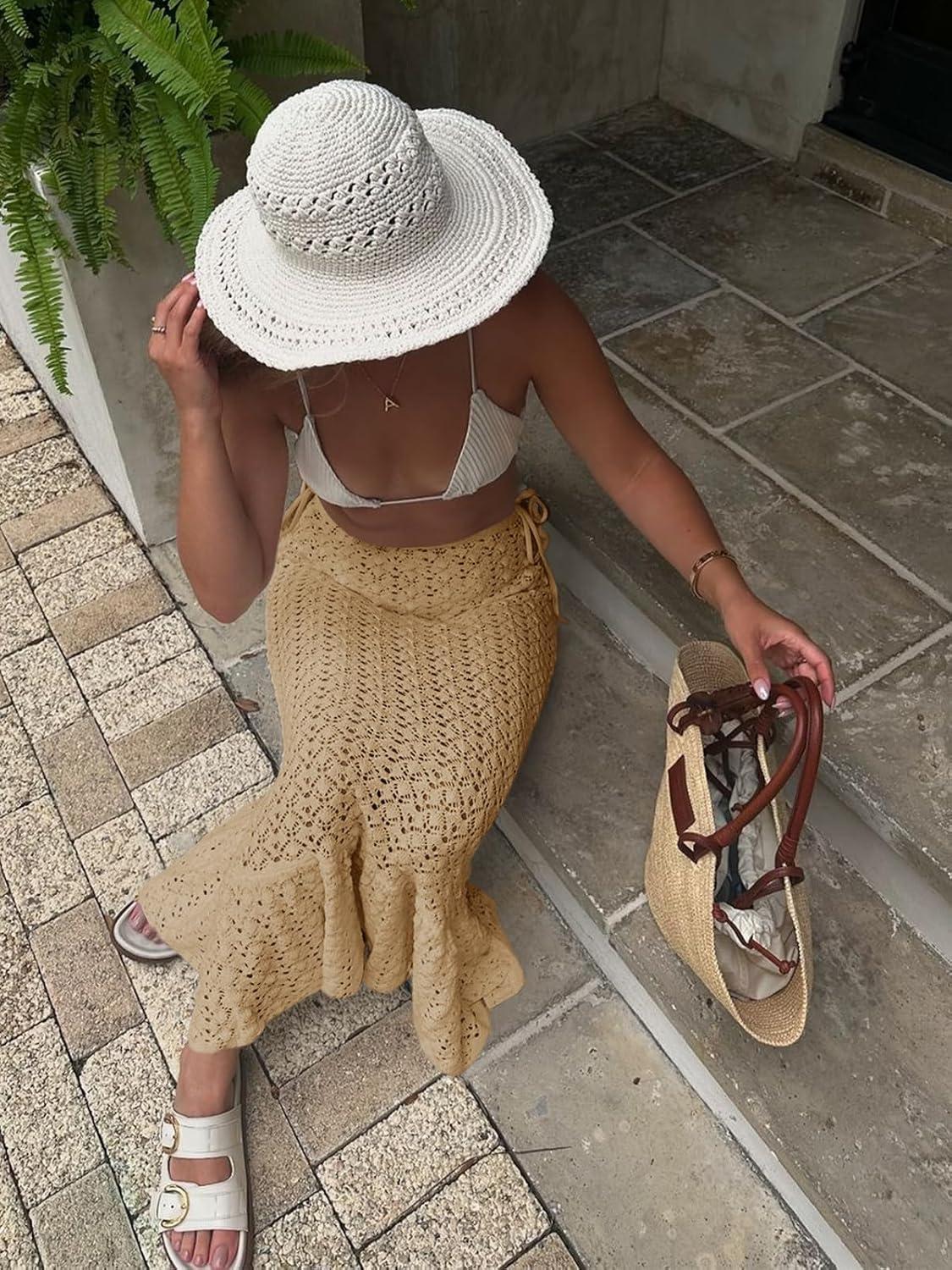 image:imageSaodimallsu Womens Crochet Cover Up Skirt High Waisted Sheer Knit Summer Swimsuit Coverup Beach Fishtail Maxi SkirtsKhaki