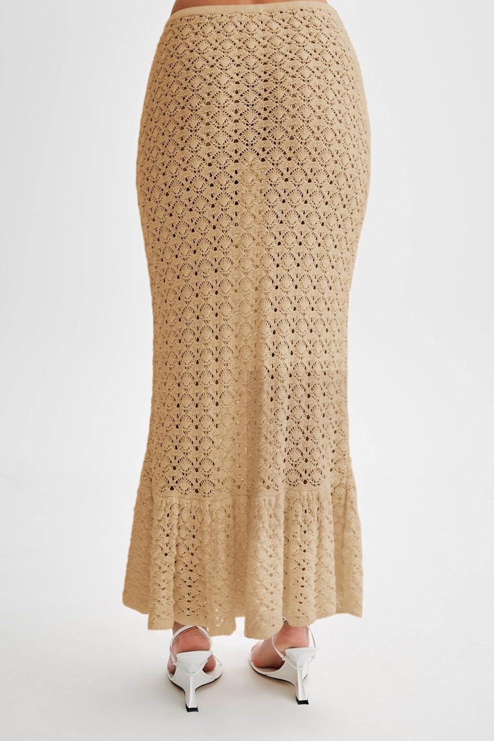 image:imageSaodimallsu Womens Crochet Cover Up Skirt High Waisted Sheer Knit Summer Swimsuit Coverup Beach Fishtail Maxi SkirtsKhaki
