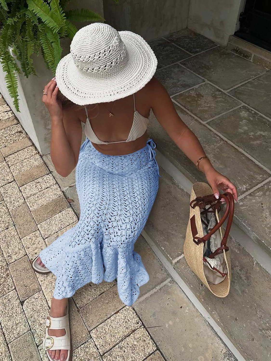 image:imageSaodimallsu Womens Crochet Cover Up Skirt High Waisted Sheer Knit Summer Swimsuit Coverup Beach Fishtail Maxi SkirtsLight Blue