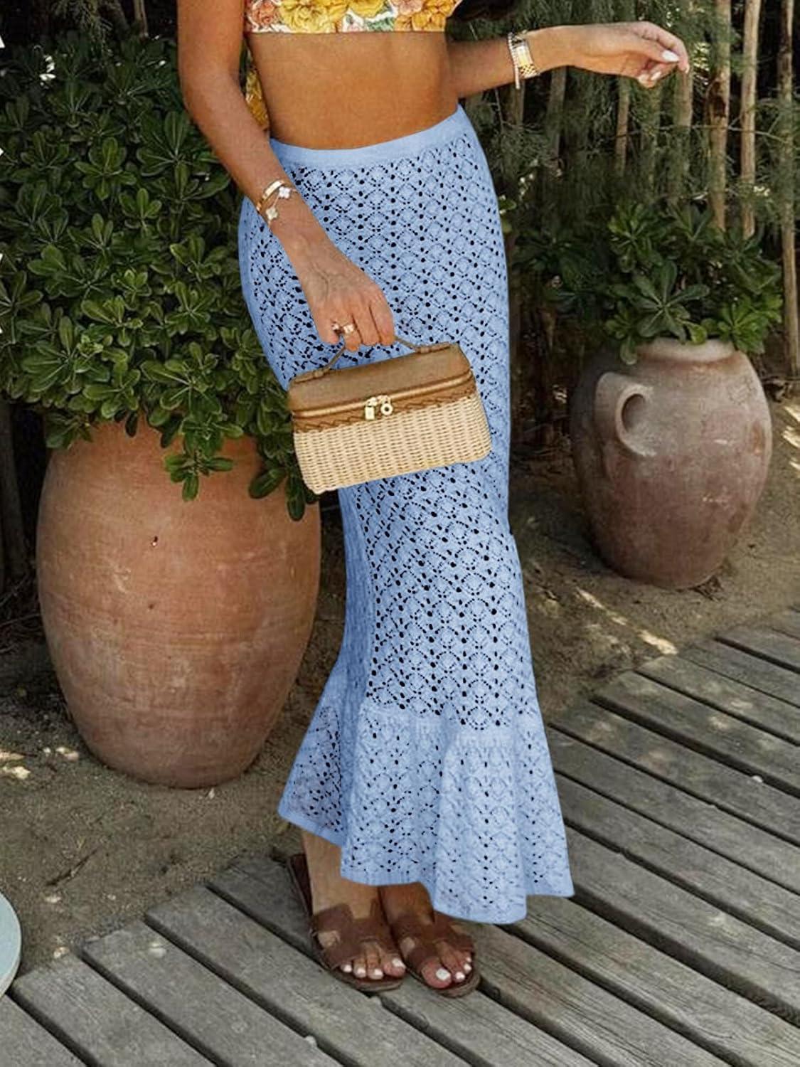 image:imageSaodimallsu Womens Crochet Cover Up Skirt High Waisted Sheer Knit Summer Swimsuit Coverup Beach Fishtail Maxi SkirtsLight Blue