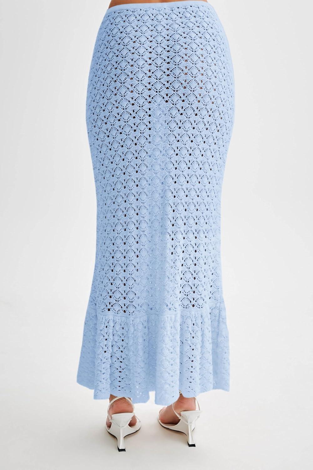 image:imageSaodimallsu Womens Crochet Cover Up Skirt High Waisted Sheer Knit Summer Swimsuit Coverup Beach Fishtail Maxi SkirtsLight Blue