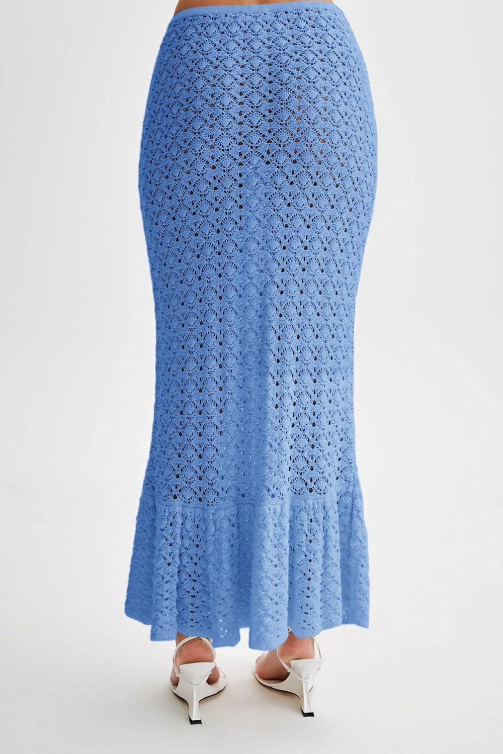 image:imageSaodimallsu Womens Crochet Cover Up Skirt High Waisted Sheer Knit Summer Swimsuit Coverup Beach Fishtail Maxi SkirtsSky Blue