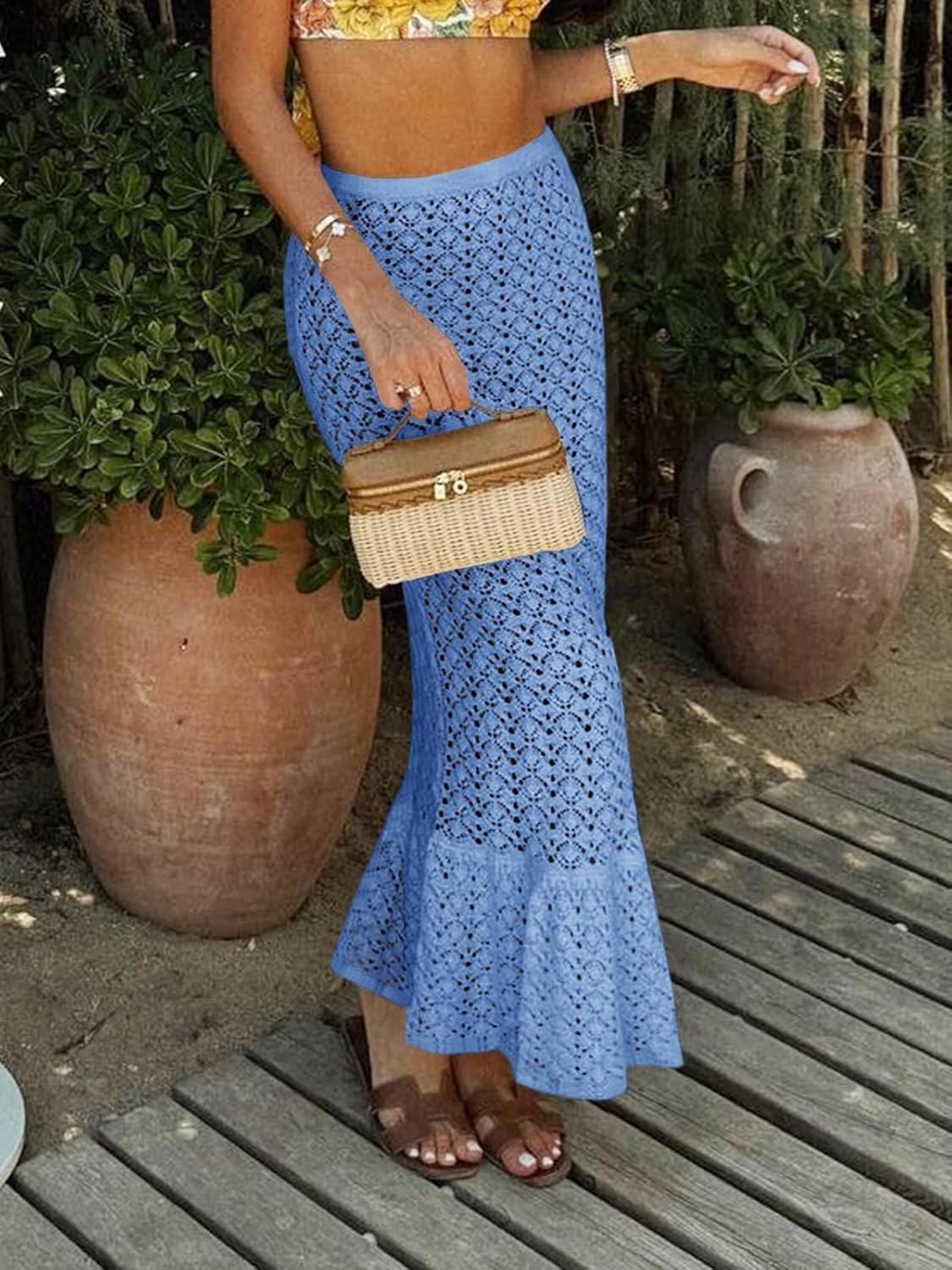 image:imageSaodimallsu Womens Crochet Cover Up Skirt High Waisted Sheer Knit Summer Swimsuit Coverup Beach Fishtail Maxi SkirtsSky Blue