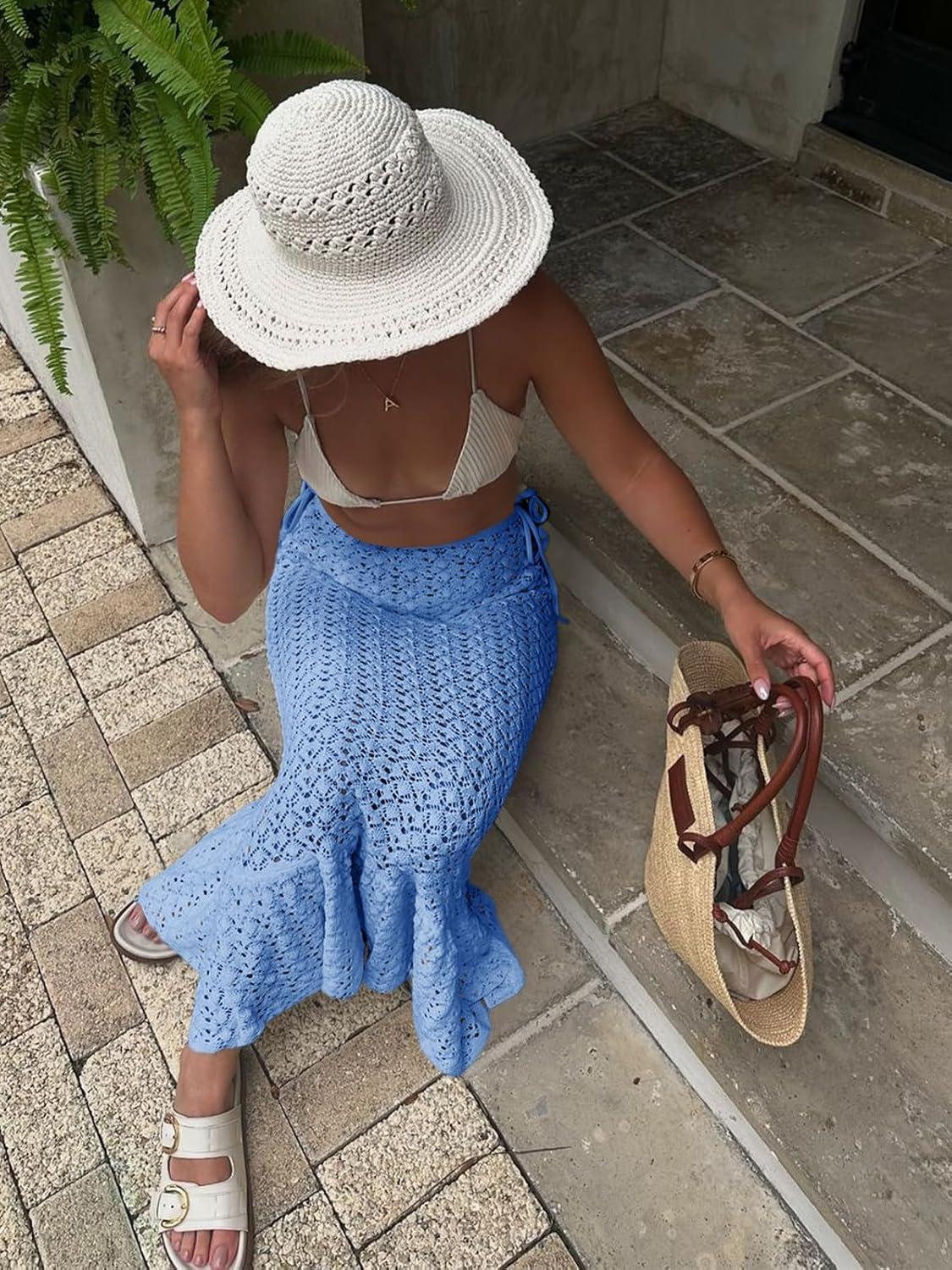 image:imageSaodimallsu Womens Crochet Cover Up Skirt High Waisted Sheer Knit Summer Swimsuit Coverup Beach Fishtail Maxi SkirtsSky Blue