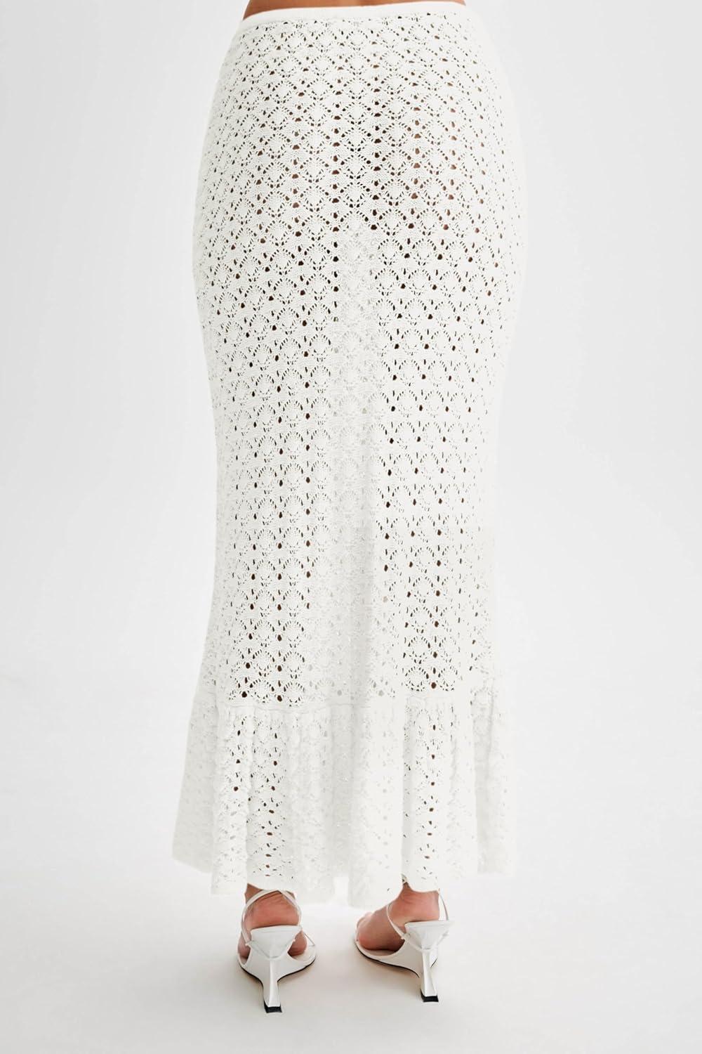image:imageSaodimallsu Womens Crochet Cover Up Skirt High Waisted Sheer Knit Summer Swimsuit Coverup Beach Fishtail Maxi SkirtsWhite