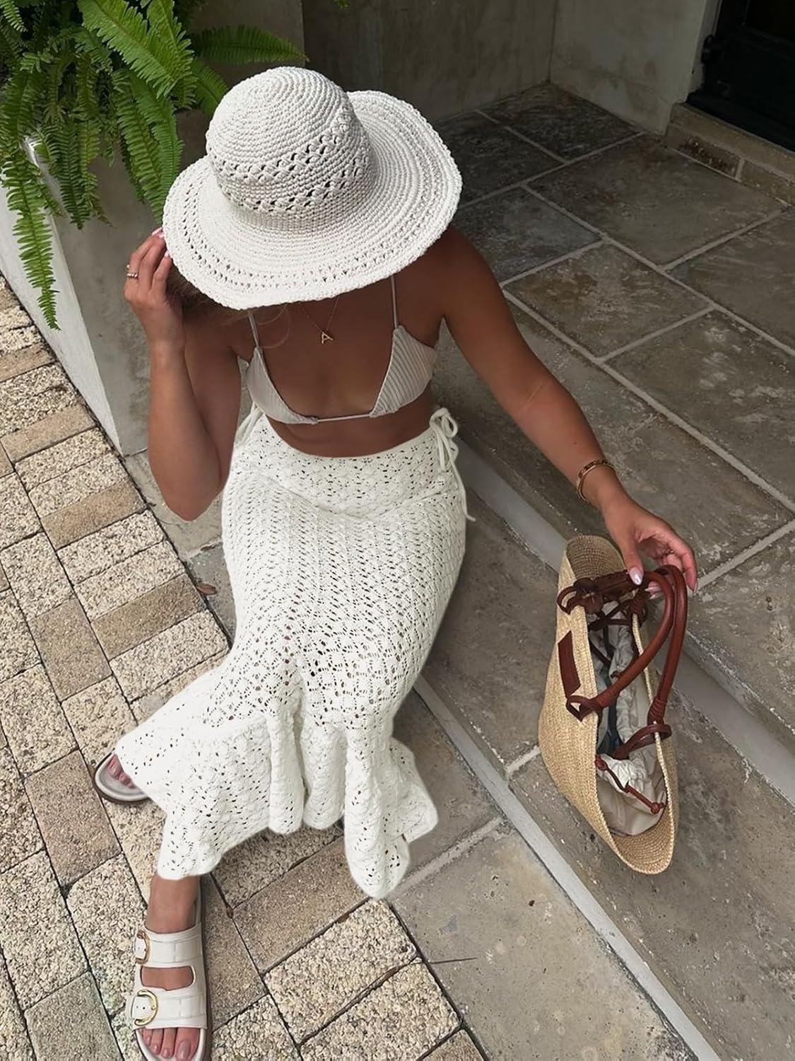 image:imageSaodimallsu Womens Crochet Cover Up Skirt High Waisted Sheer Knit Summer Swimsuit Coverup Beach Fishtail Maxi SkirtsWhite
