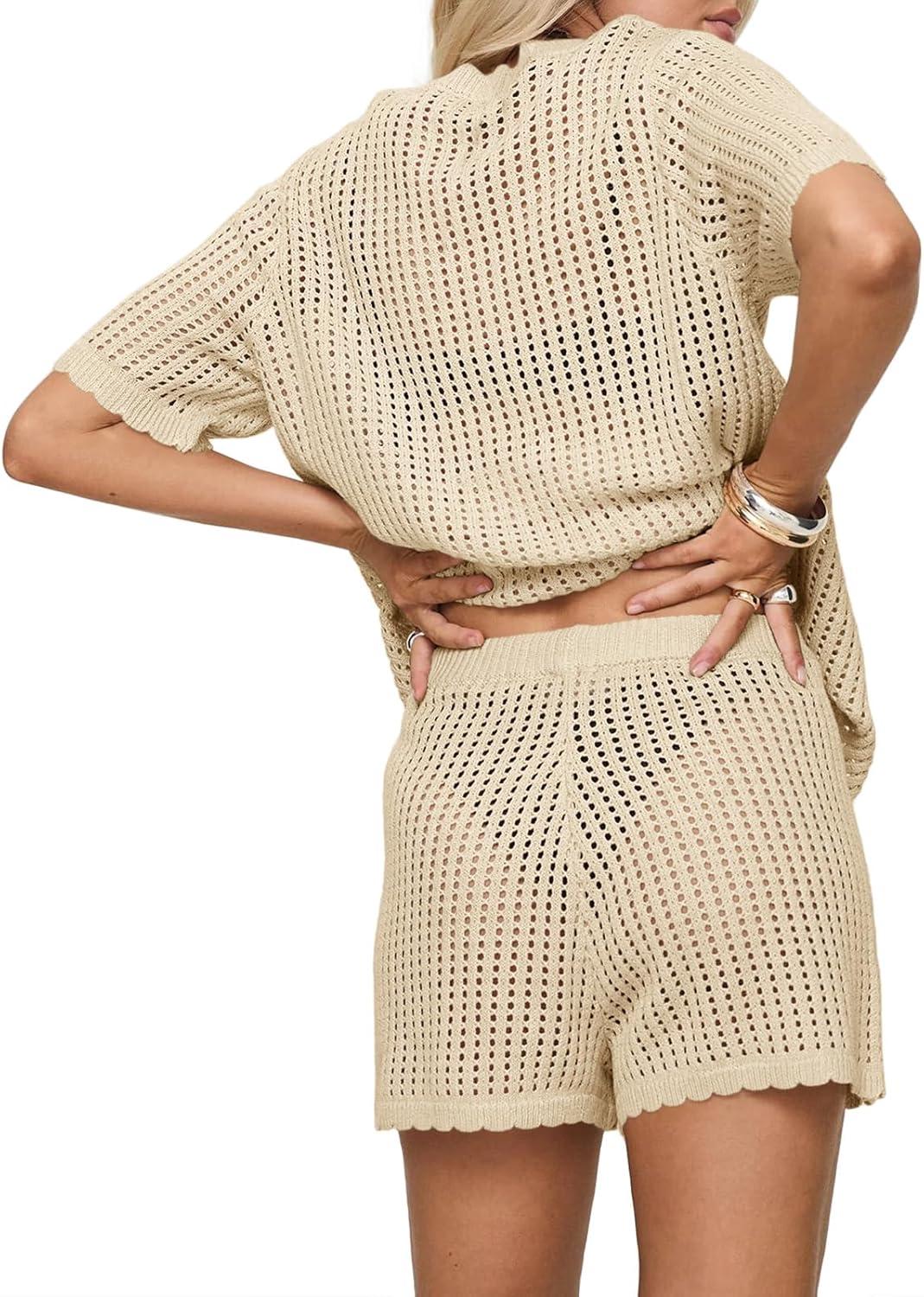 image:imageSaodimallsu Womens Crochet Swimsuit Coverup Sets Short Sleeve V Neck Button Tops Drawstring Shorts 2 Piece Beach OutfitsBeige