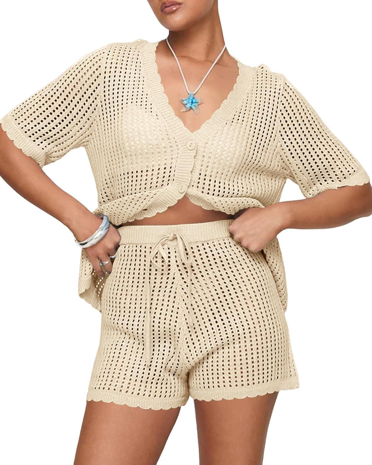 image:imageSaodimallsu Womens Crochet Swimsuit Coverup Sets Short Sleeve V Neck Button Tops Drawstring Shorts 2 Piece Beach OutfitsBeige