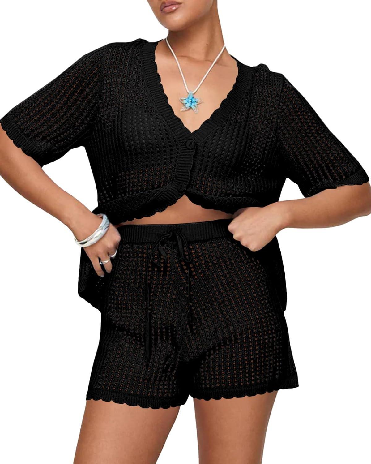 image:imageSaodimallsu Womens Crochet Swimsuit Coverup Sets Short Sleeve V Neck Button Tops Drawstring Shorts 2 Piece Beach OutfitsBlack