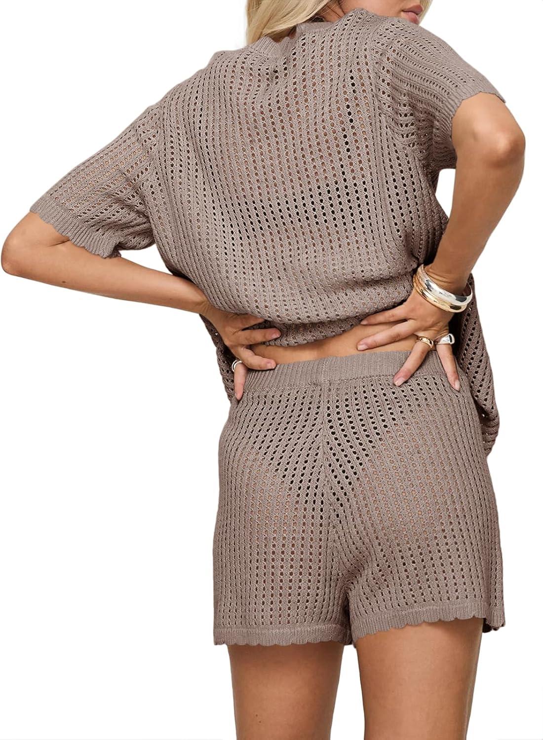 image:imageSaodimallsu Womens Crochet Swimsuit Coverup Sets Short Sleeve V Neck Button Tops Drawstring Shorts 2 Piece Beach OutfitsDark Khaki