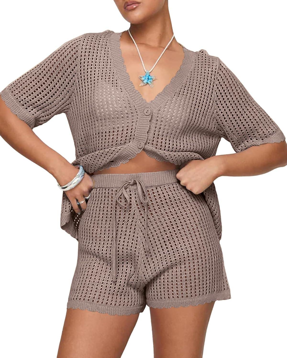 image:imageSaodimallsu Womens Crochet Swimsuit Coverup Sets Short Sleeve V Neck Button Tops Drawstring Shorts 2 Piece Beach OutfitsDark Khaki