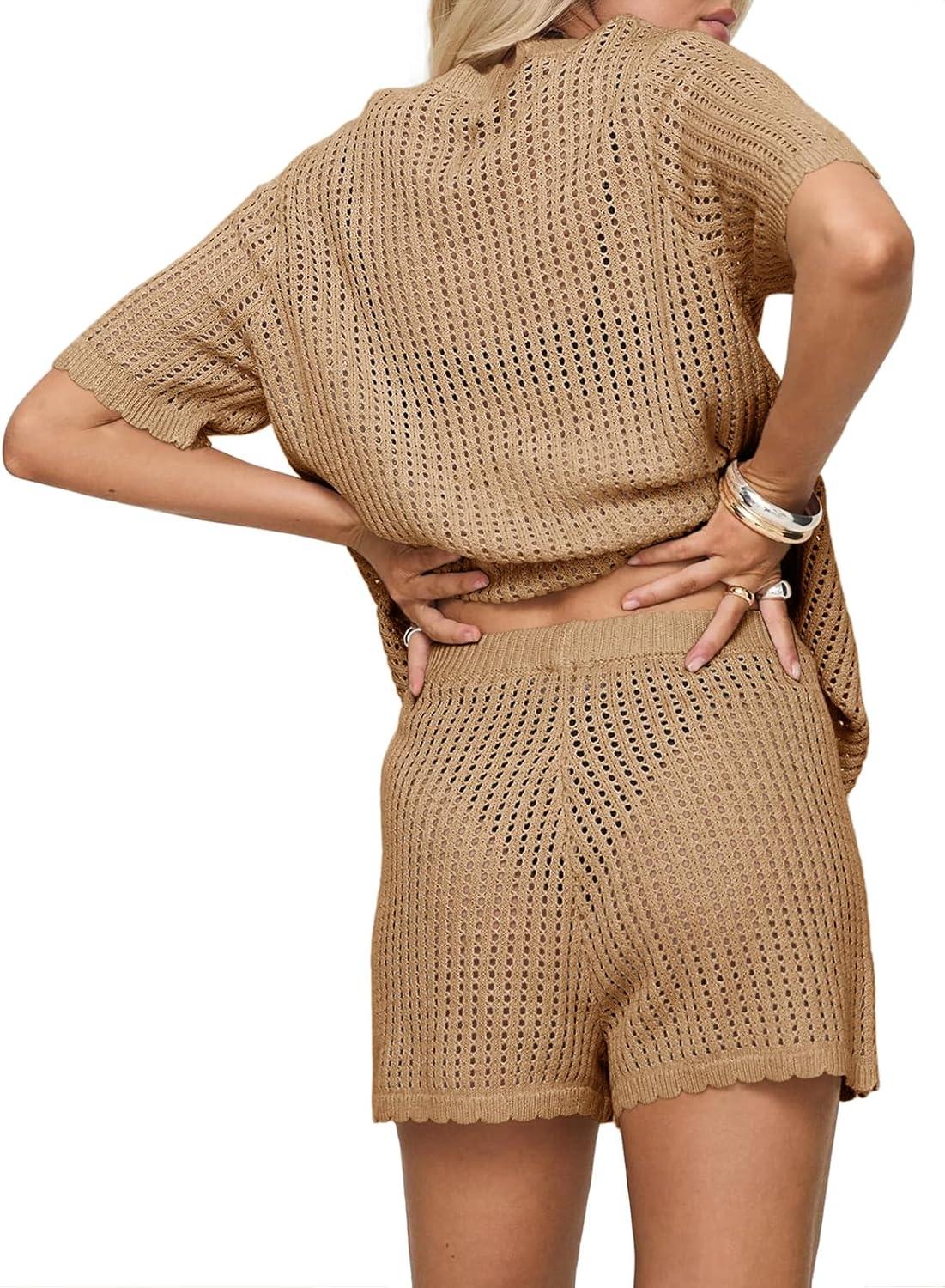 image:imageSaodimallsu Womens Crochet Swimsuit Coverup Sets Short Sleeve V Neck Button Tops Drawstring Shorts 2 Piece Beach OutfitsKhaki