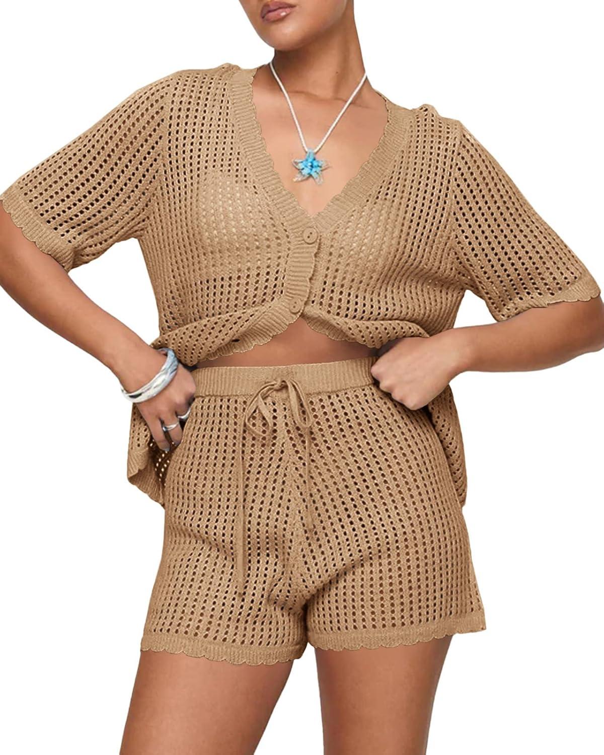 image:imageSaodimallsu Womens Crochet Swimsuit Coverup Sets Short Sleeve V Neck Button Tops Drawstring Shorts 2 Piece Beach OutfitsKhaki