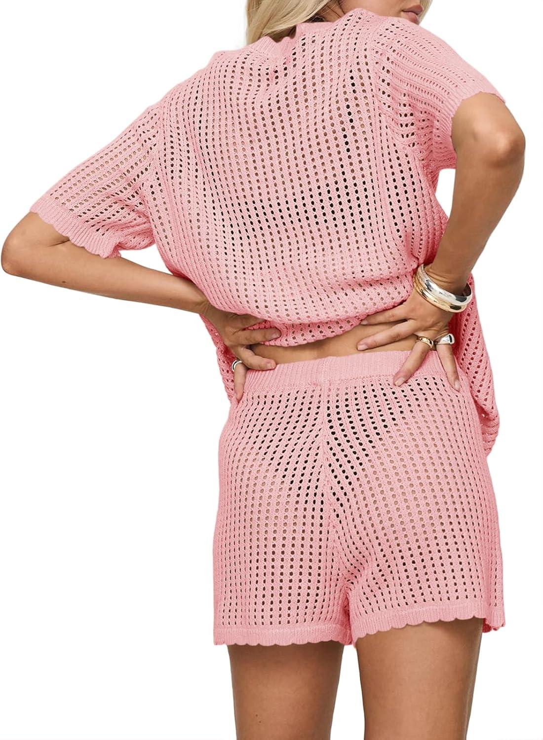 image:imageSaodimallsu Womens Crochet Swimsuit Coverup Sets Short Sleeve V Neck Button Tops Drawstring Shorts 2 Piece Beach OutfitsPink