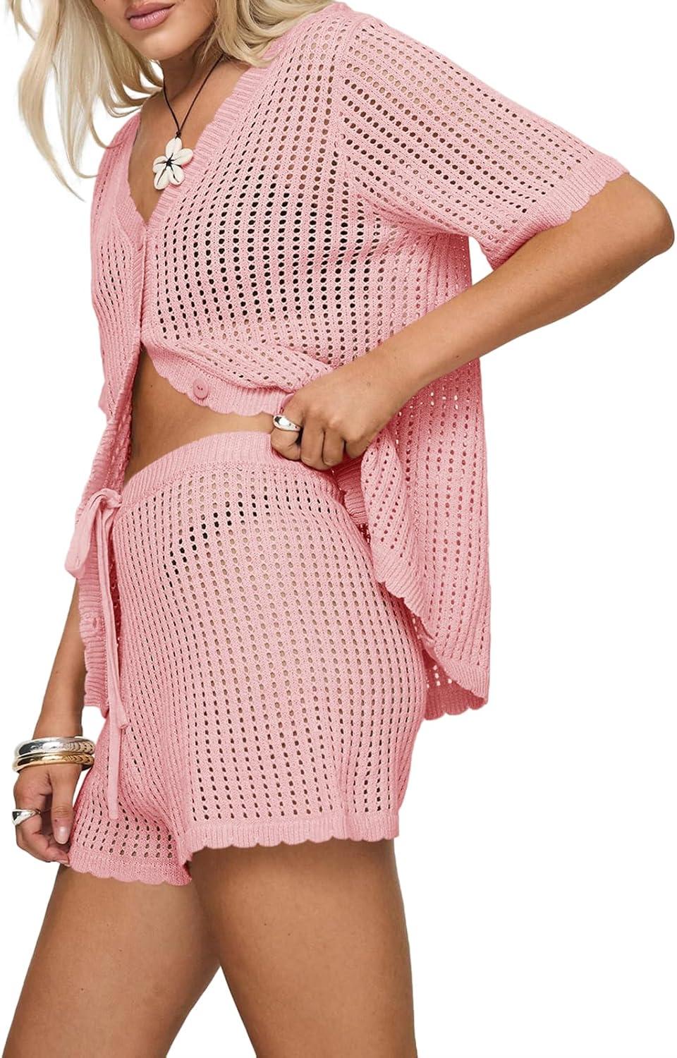 image:imageSaodimallsu Womens Crochet Swimsuit Coverup Sets Short Sleeve V Neck Button Tops Drawstring Shorts 2 Piece Beach OutfitsPink