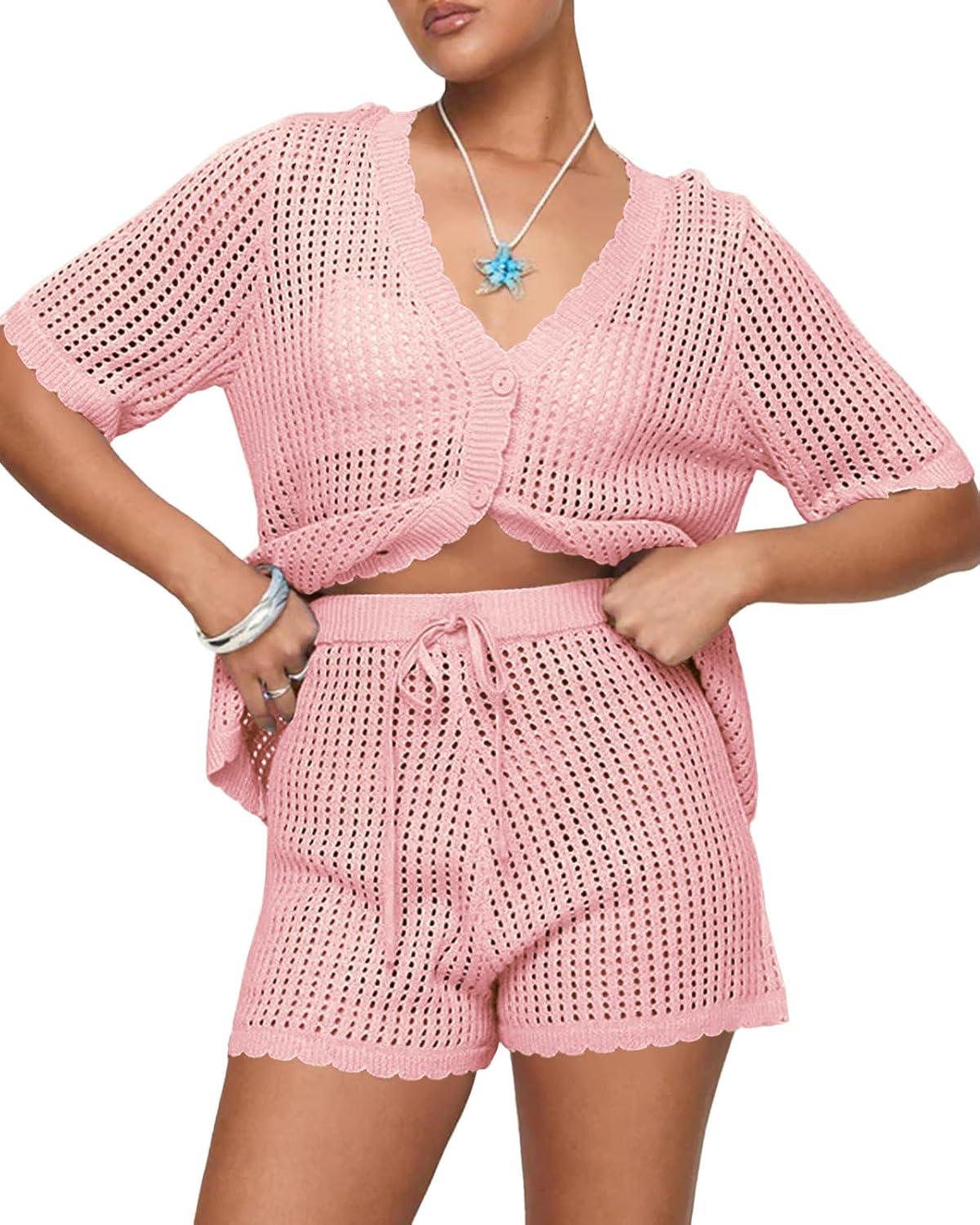 image:imageSaodimallsu Womens Crochet Swimsuit Coverup Sets Short Sleeve V Neck Button Tops Drawstring Shorts 2 Piece Beach OutfitsPink