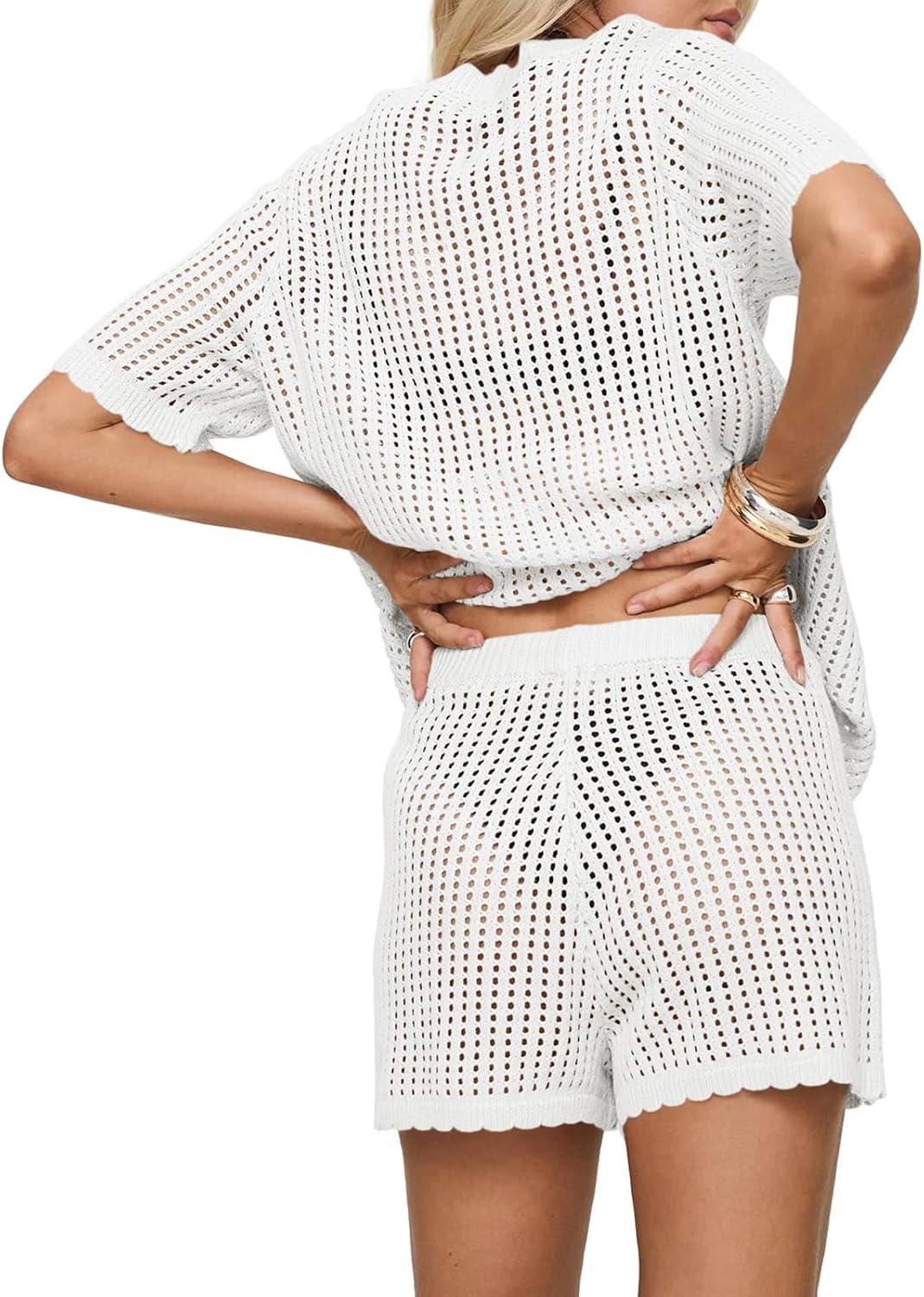 image:imageSaodimallsu Womens Crochet Swimsuit Coverup Sets Short Sleeve V Neck Button Tops Drawstring Shorts 2 Piece Beach OutfitsWhite