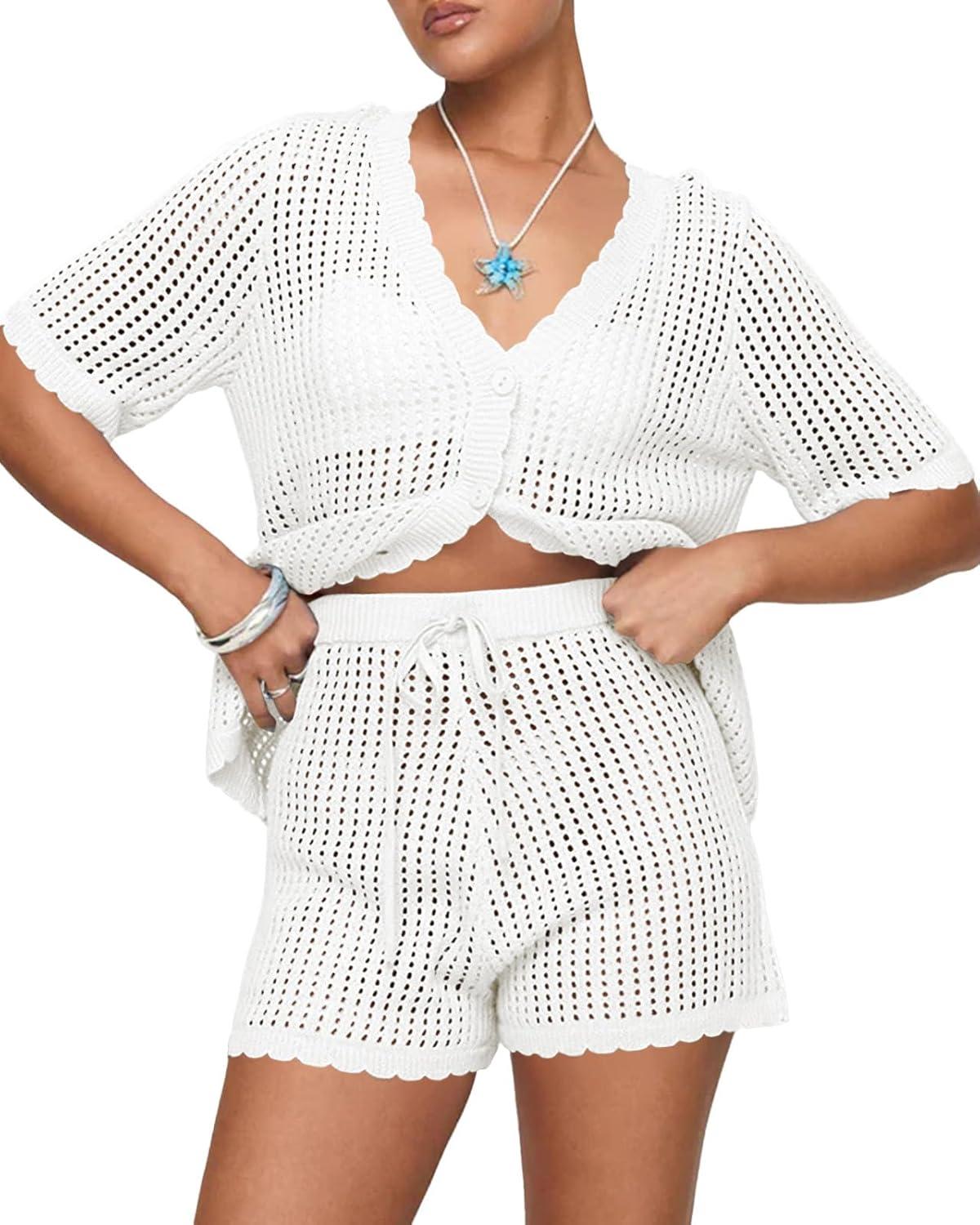 image:imageSaodimallsu Womens Crochet Swimsuit Coverup Sets Short Sleeve V Neck Button Tops Drawstring Shorts 2 Piece Beach OutfitsWhite