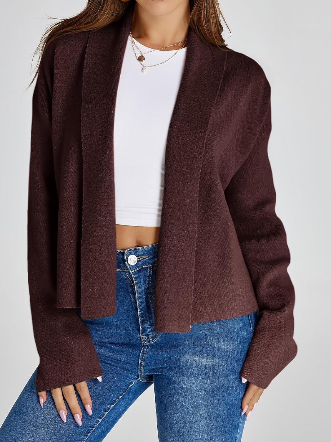 image:imageSaodimallsu Womens Cropped Cardigan Open Front Shawl 2026 Fall Trendy Long Sleeve Sweater JacketBrown
