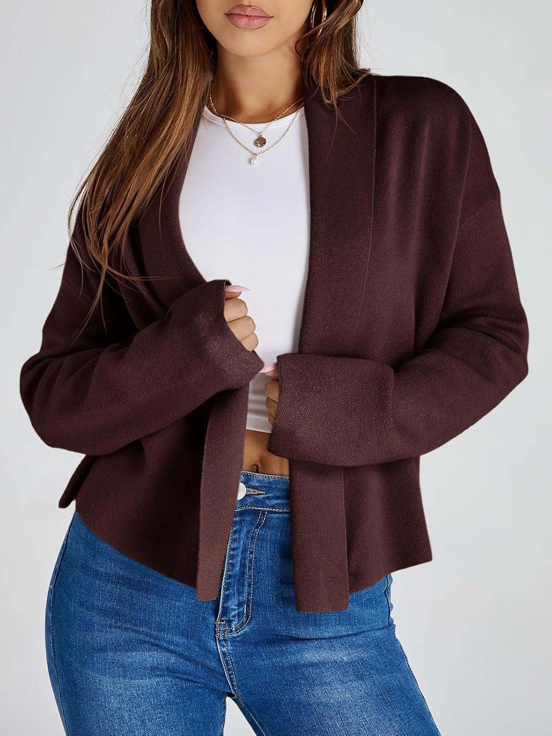 image:imageSaodimallsu Womens Cropped Cardigan Open Front Shawl 2026 Fall Trendy Long Sleeve Sweater JacketBrown