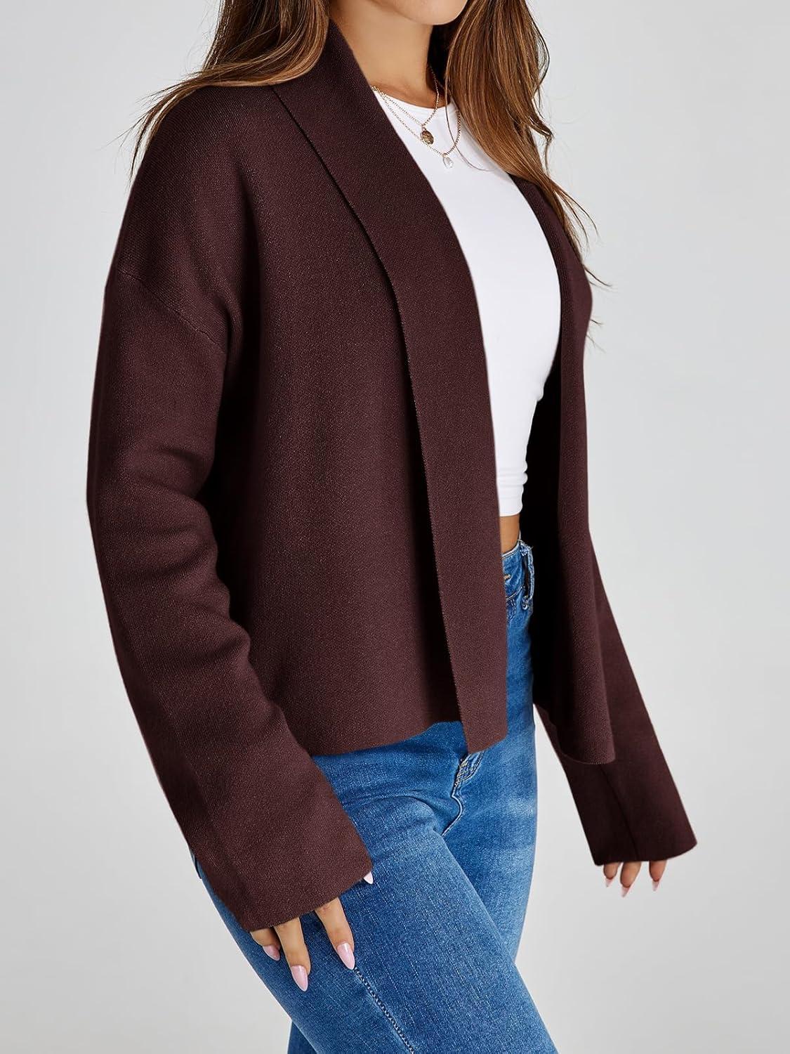 image:imageSaodimallsu Womens Cropped Cardigan Open Front Shawl 2026 Fall Trendy Long Sleeve Sweater JacketBrown