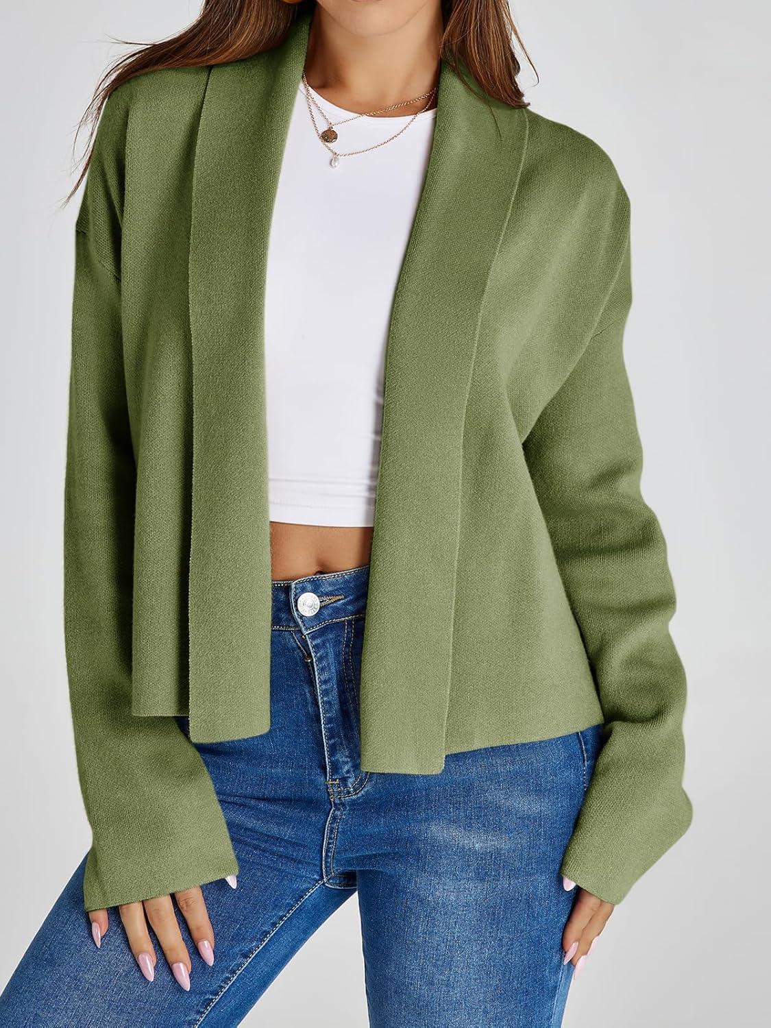 image:imageSaodimallsu Womens Cropped Cardigan Open Front Shawl 2026 Fall Trendy Long Sleeve Sweater JacketGreen