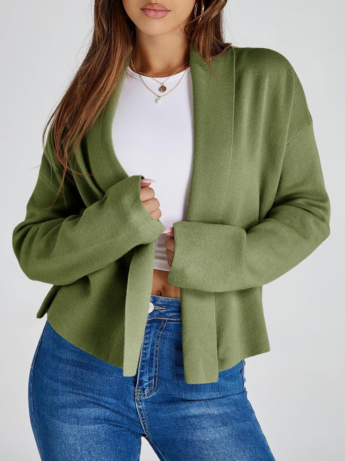 image:imageSaodimallsu Womens Cropped Cardigan Open Front Shawl 2026 Fall Trendy Long Sleeve Sweater JacketGreen