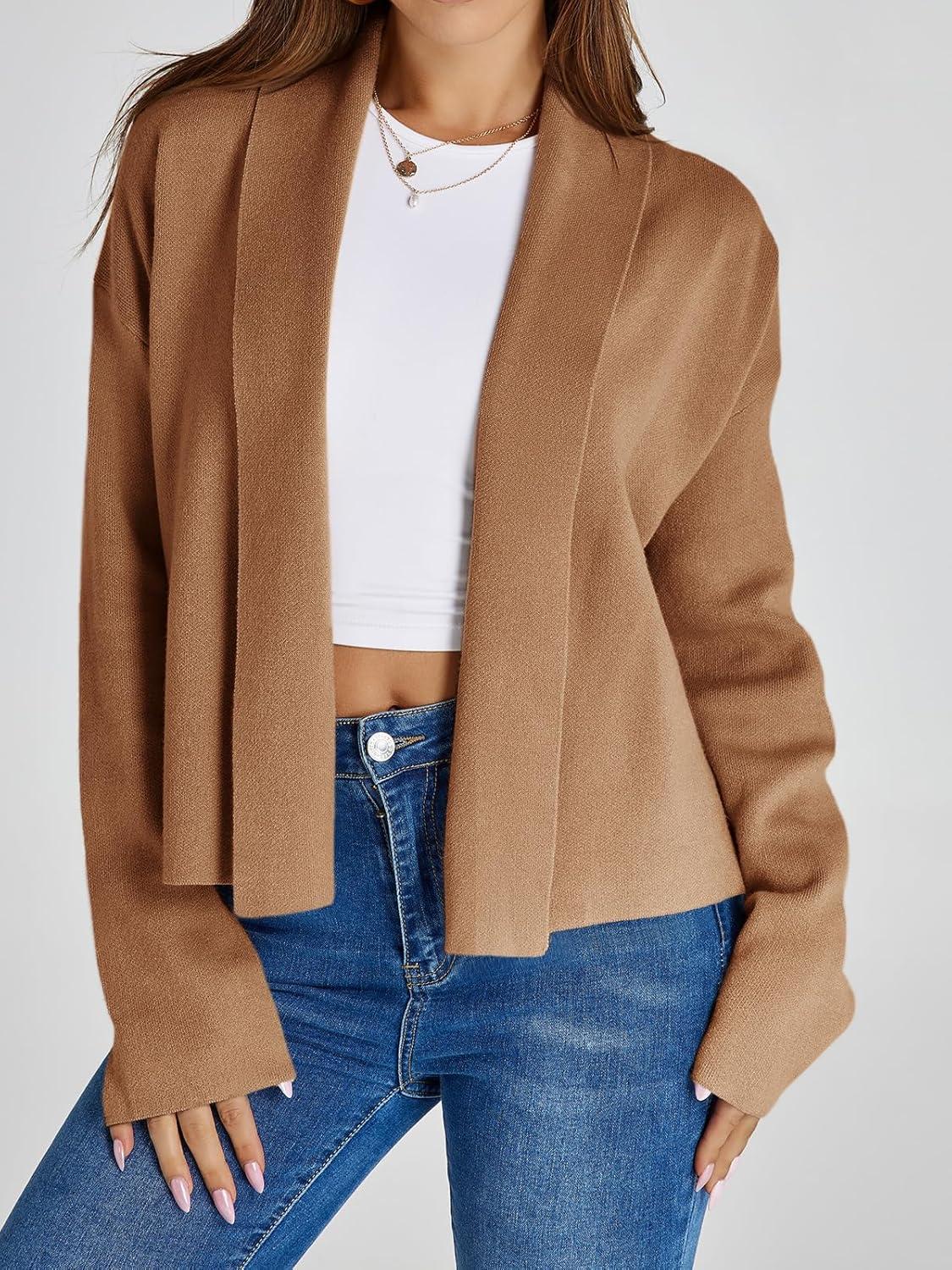 image:imageSaodimallsu Womens Cropped Cardigan Open Front Shawl 2026 Fall Trendy Long Sleeve Sweater JacketKhaki