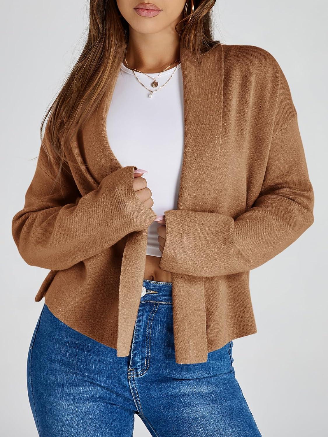 image:imageSaodimallsu Womens Cropped Cardigan Open Front Shawl 2026 Fall Trendy Long Sleeve Sweater JacketKhaki