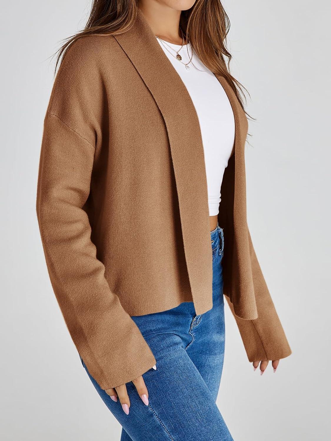 image:imageSaodimallsu Womens Cropped Cardigan Open Front Shawl 2026 Fall Trendy Long Sleeve Sweater JacketKhaki