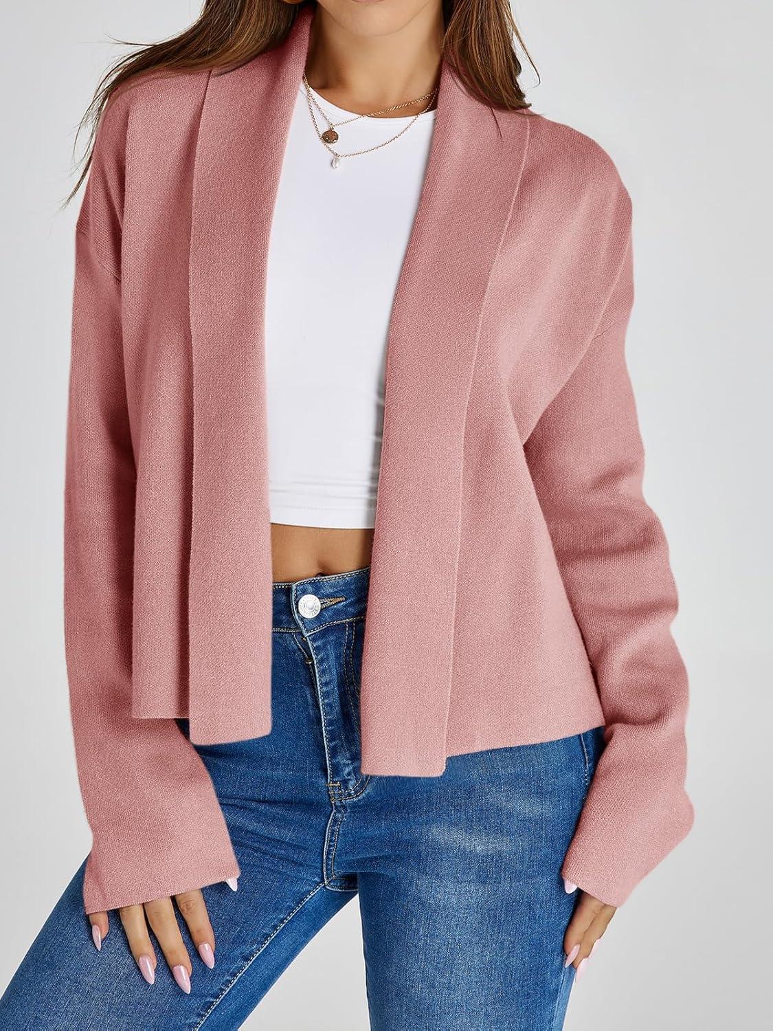 image:imageSaodimallsu Womens Cropped Cardigan Open Front Shawl 2026 Fall Trendy Long Sleeve Sweater JacketPink