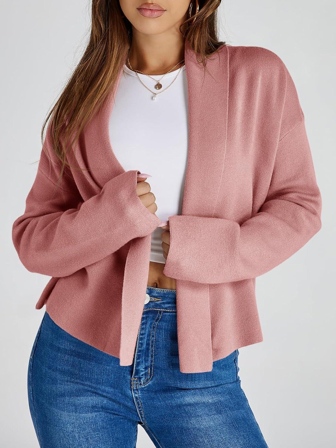 image:imageSaodimallsu Womens Cropped Cardigan Open Front Shawl 2026 Fall Trendy Long Sleeve Sweater JacketPink