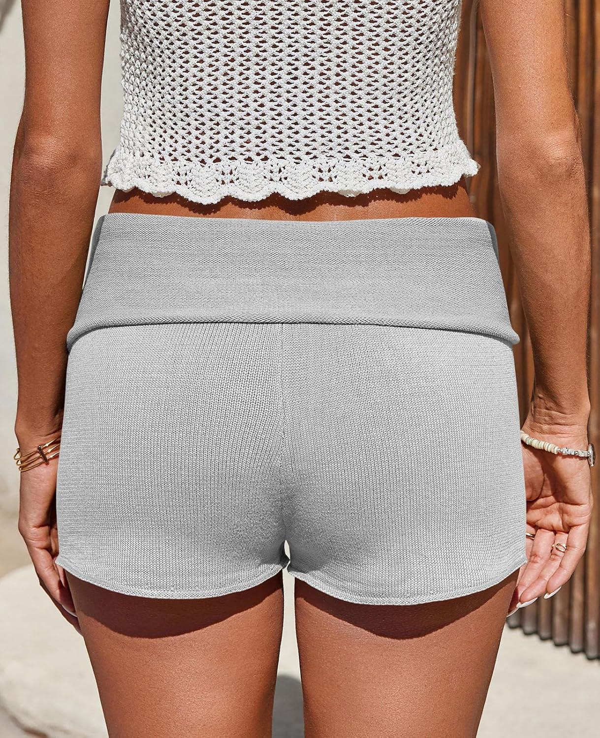 image:imageSaodimallsu Womens Foldover Lounge Shorts High Waisted Drawstring Casual Summer Knit Beach Cover Up ShortsGrey