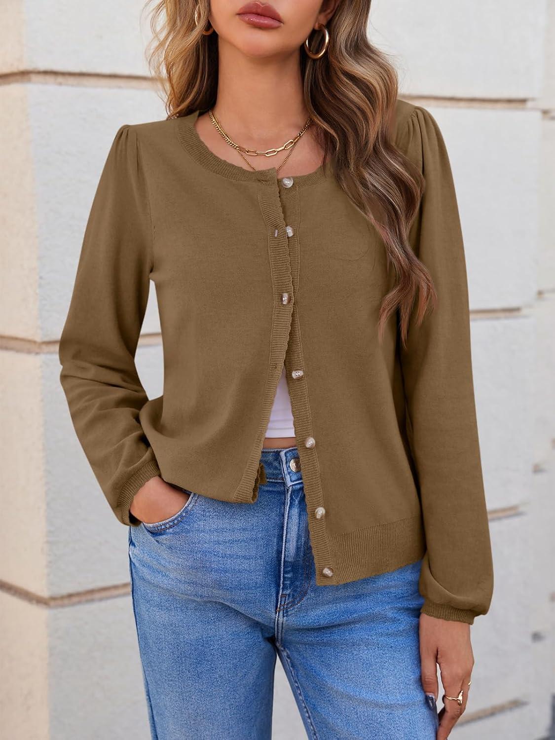 image:imageSaodimallsu Womens Puff Long Sleeve Cardigan Sweaters Fall Button Down Lightweight Knit Crew Neck Sweater ShirtsCoffee