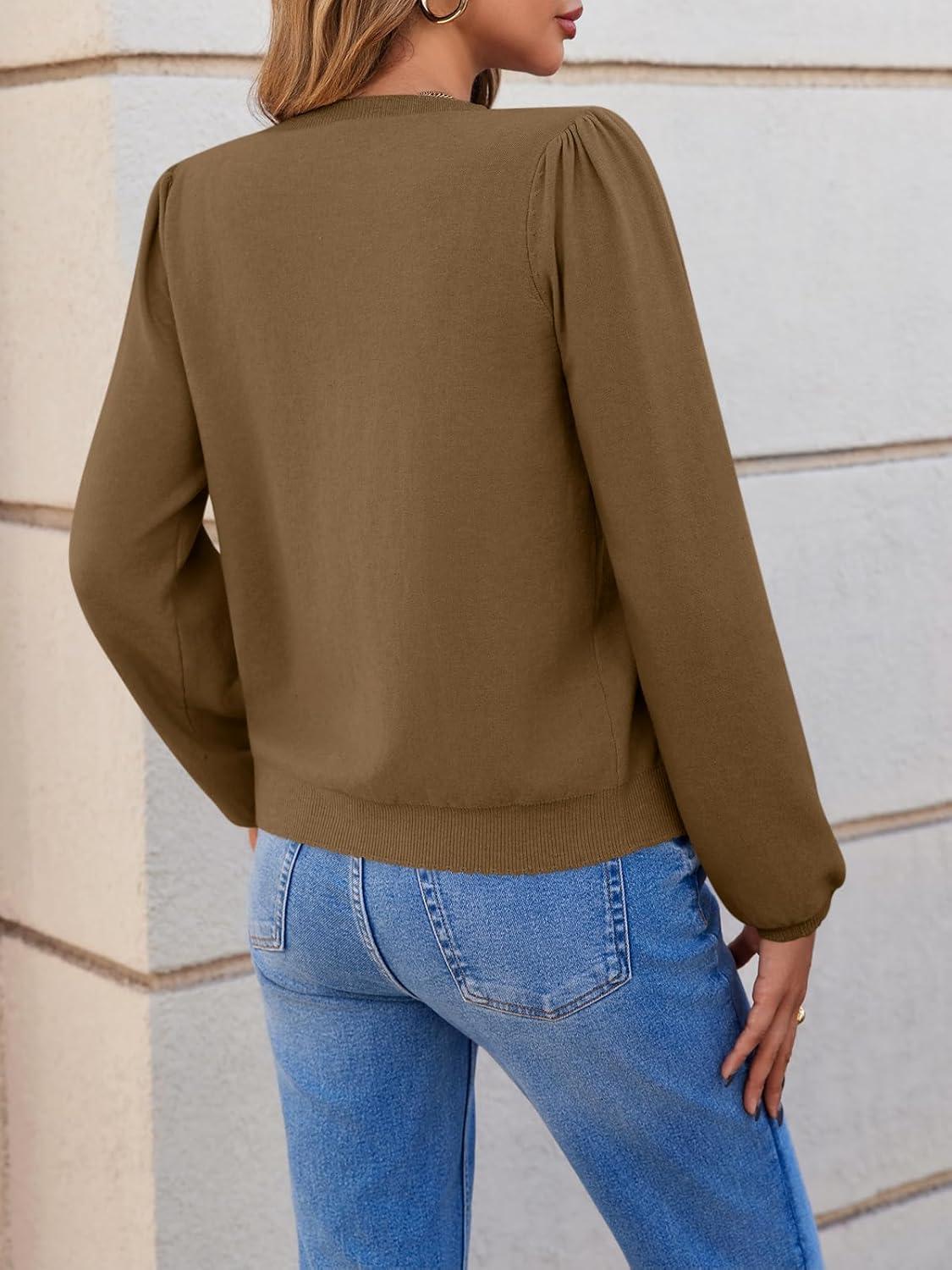 image:imageSaodimallsu Womens Puff Long Sleeve Cardigan Sweaters Fall Button Down Lightweight Knit Crew Neck Sweater ShirtsCoffee