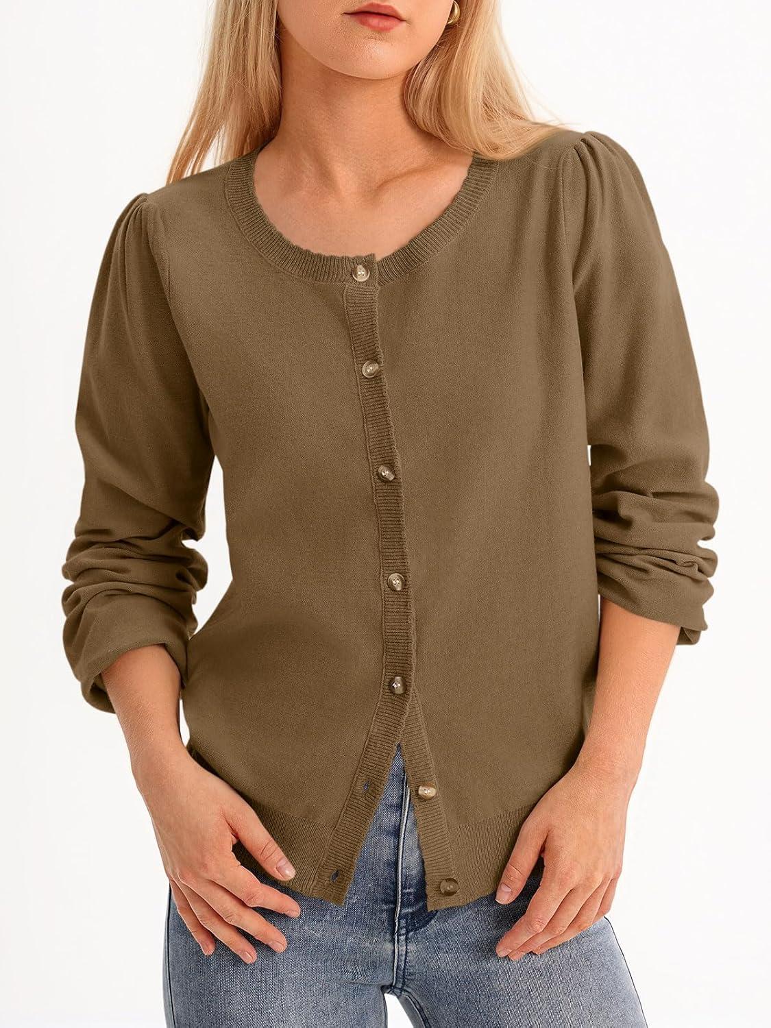 image:imageSaodimallsu Womens Puff Long Sleeve Cardigan Sweaters Fall Button Down Lightweight Knit Crew Neck Sweater ShirtsCoffee