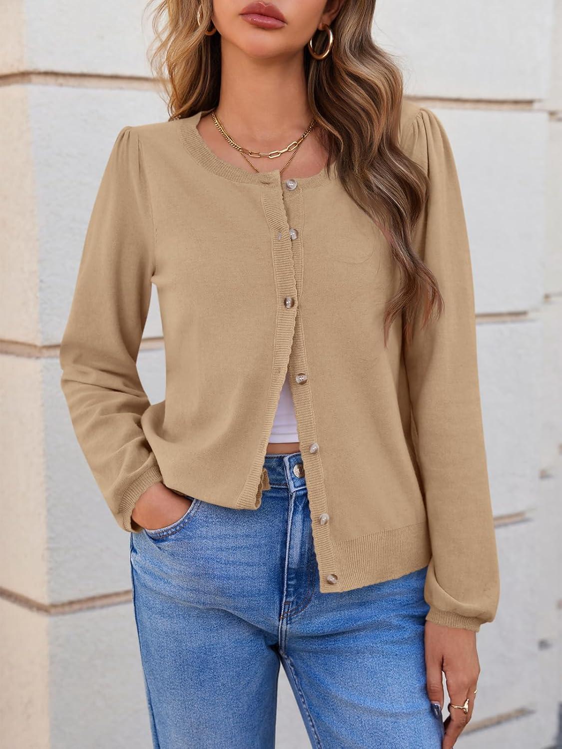 image:imageSaodimallsu Womens Puff Long Sleeve Cardigan Sweaters Fall Button Down Lightweight Knit Crew Neck Sweater ShirtsKhaki