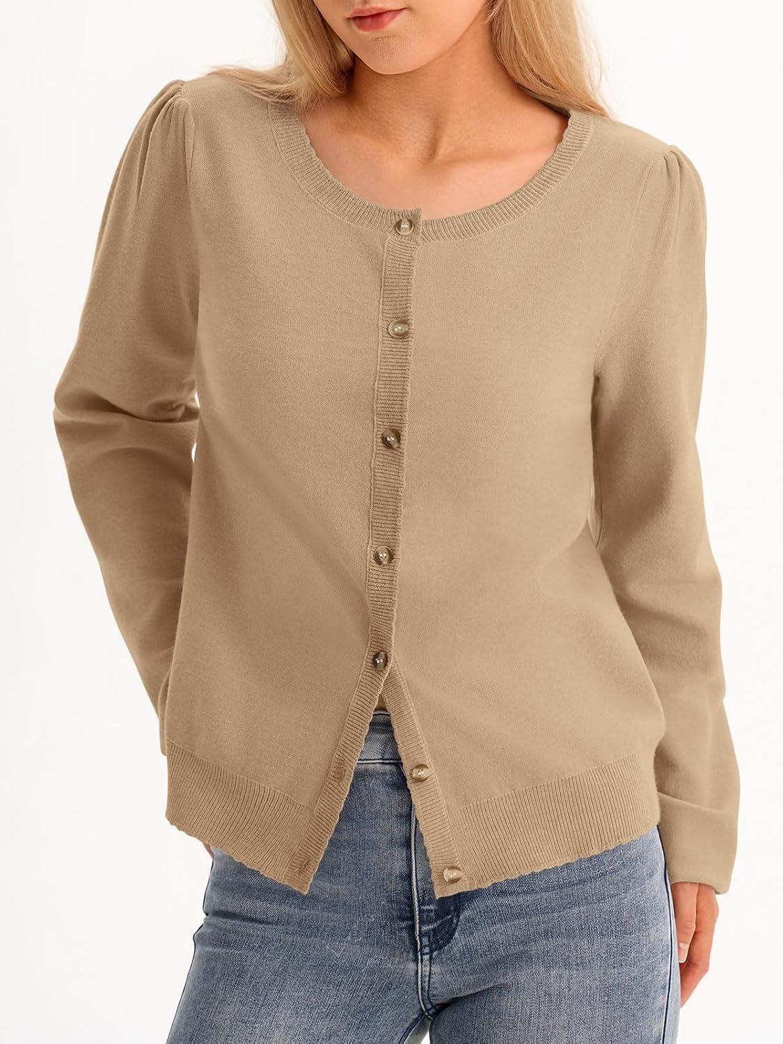 image:imageSaodimallsu Womens Puff Long Sleeve Cardigan Sweaters Fall Button Down Lightweight Knit Crew Neck Sweater ShirtsKhaki