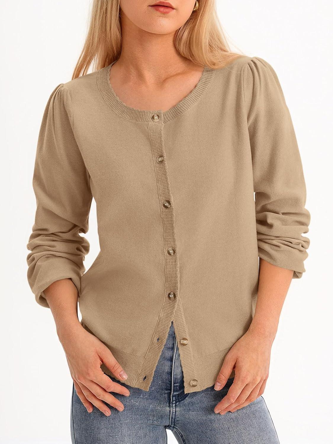 image:imageSaodimallsu Womens Puff Long Sleeve Cardigan Sweaters Fall Button Down Lightweight Knit Crew Neck Sweater ShirtsKhaki