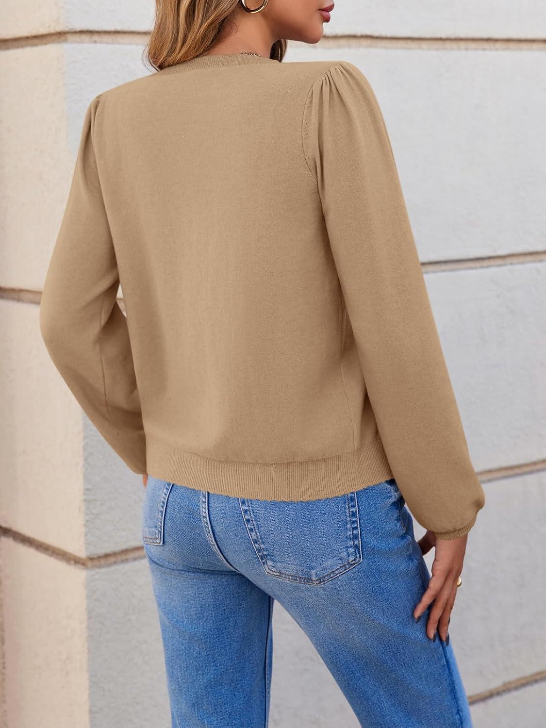 image:imageSaodimallsu Womens Puff Long Sleeve Cardigan Sweaters Fall Button Down Lightweight Knit Crew Neck Sweater ShirtsKhaki