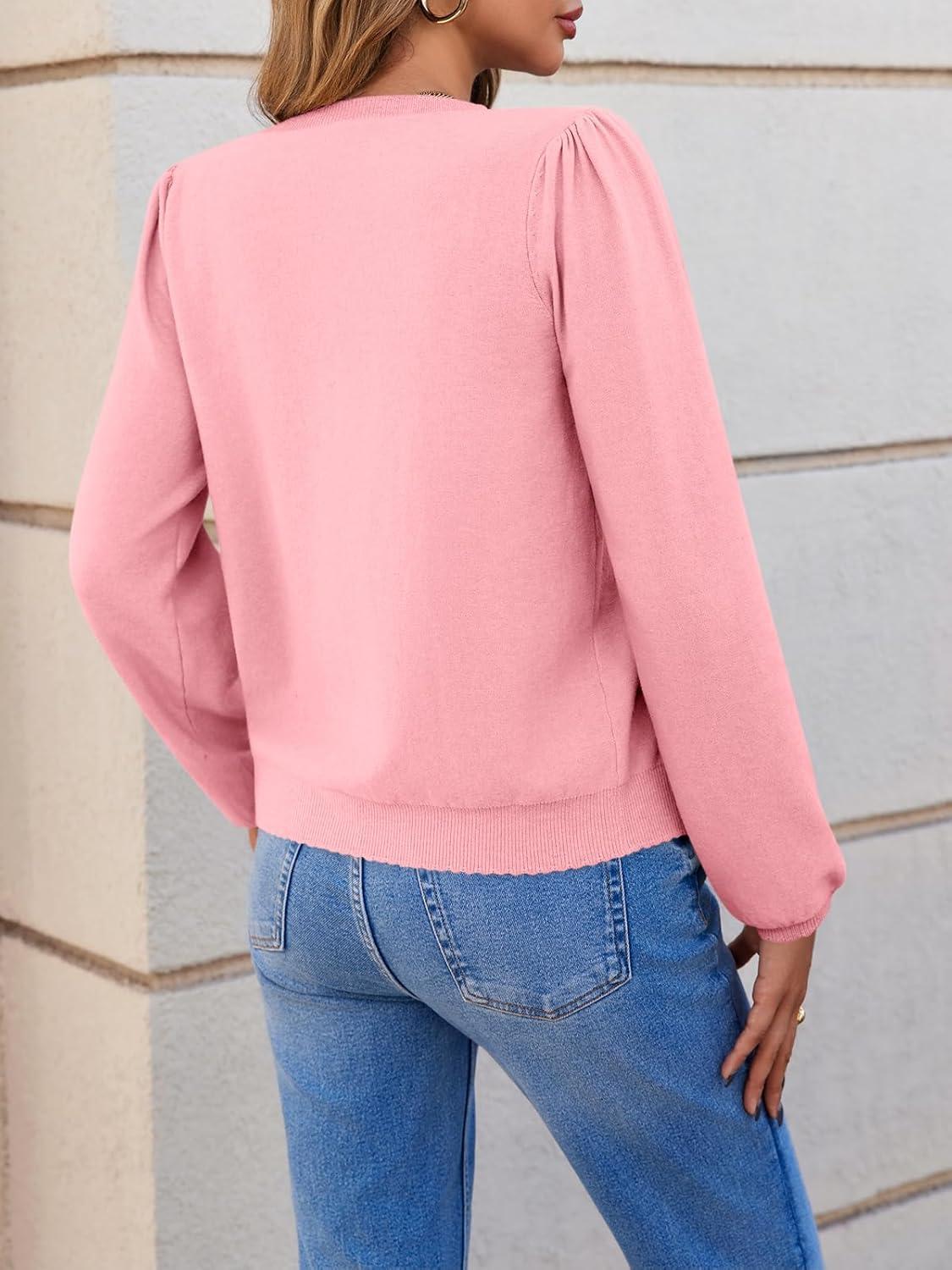 image:imageSaodimallsu Womens Puff Long Sleeve Cardigan Sweaters Fall Button Down Lightweight Knit Crew Neck Sweater ShirtsPink