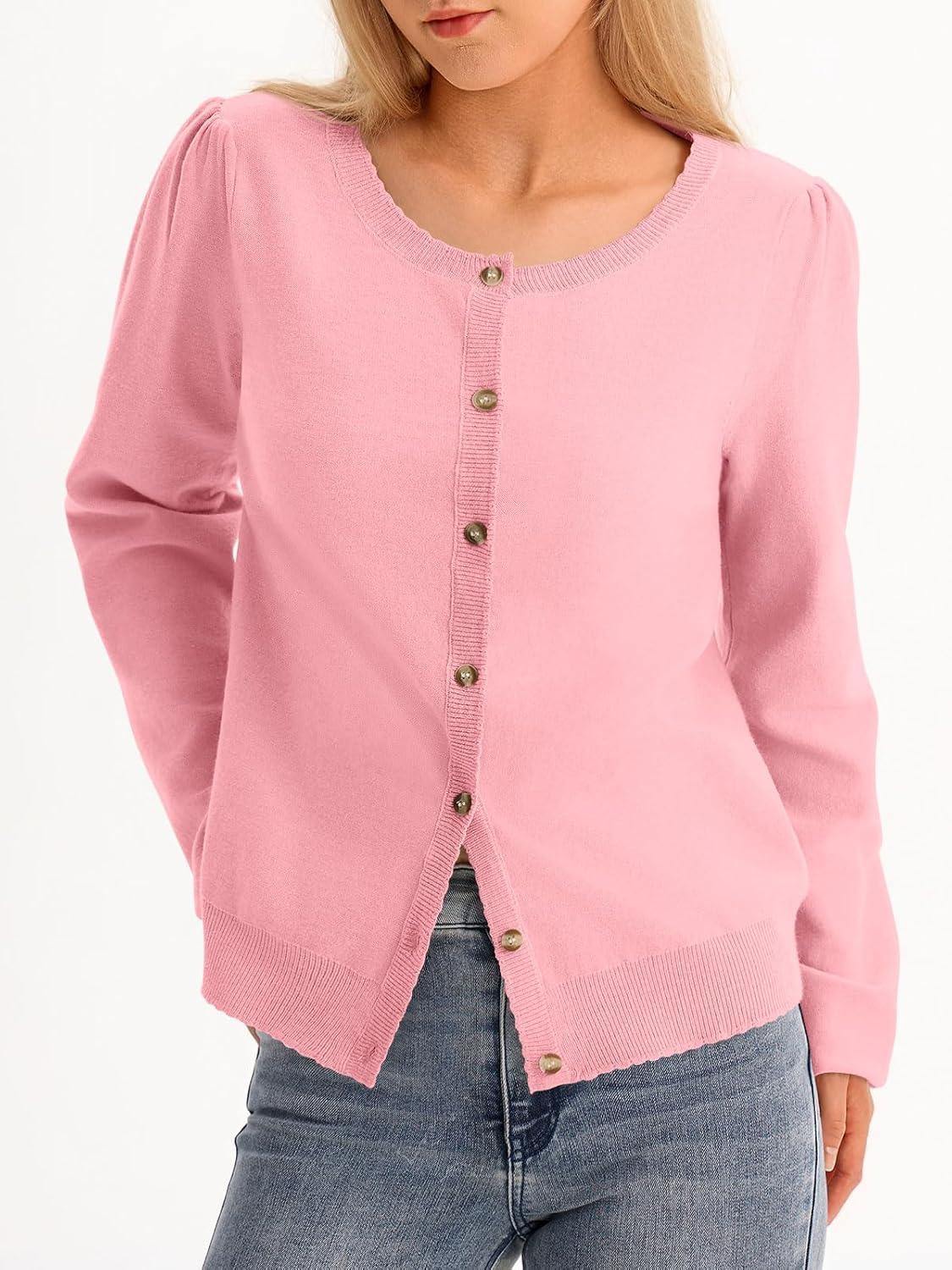 image:imageSaodimallsu Womens Puff Long Sleeve Cardigan Sweaters Fall Button Down Lightweight Knit Crew Neck Sweater ShirtsPink