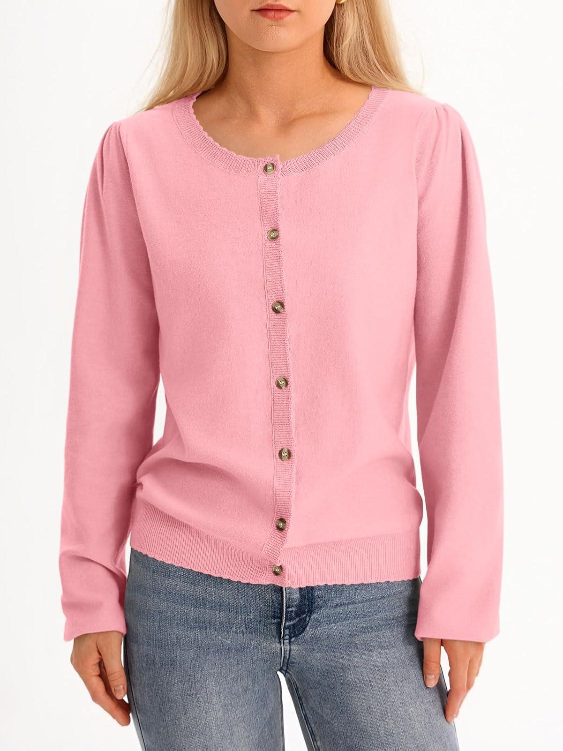 image:imageSaodimallsu Womens Puff Long Sleeve Cardigan Sweaters Fall Button Down Lightweight Knit Crew Neck Sweater ShirtsPink