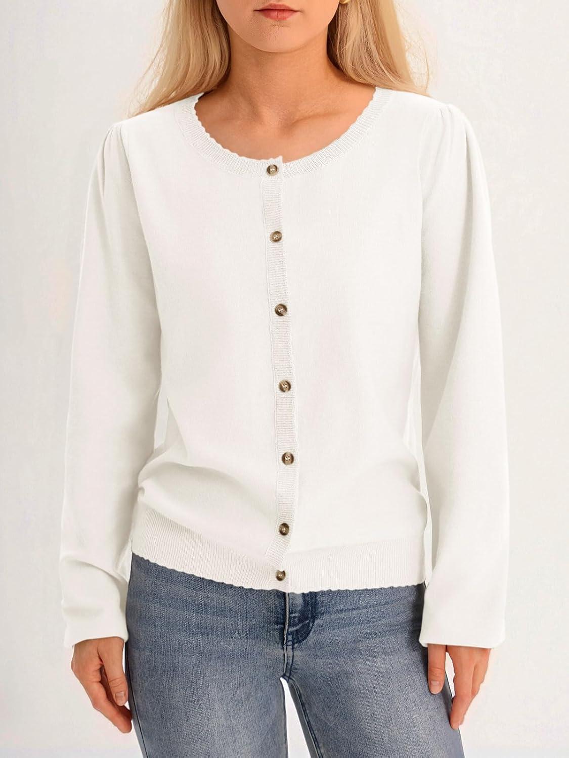 image:imageSaodimallsu Womens Puff Long Sleeve Cardigan Sweaters Fall Button Down Lightweight Knit Crew Neck Sweater ShirtsWhite